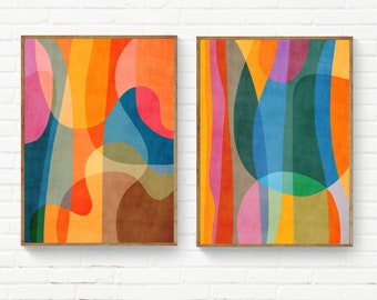 Colorful Abstract Set of 2 Prints, Bold Organic Shapes, Retro Modern Wall Art