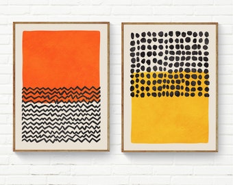 Lot de 2 impressions d'art jaune orange, oeuvres d'art de cuisine moderne, pois noirs audacieux