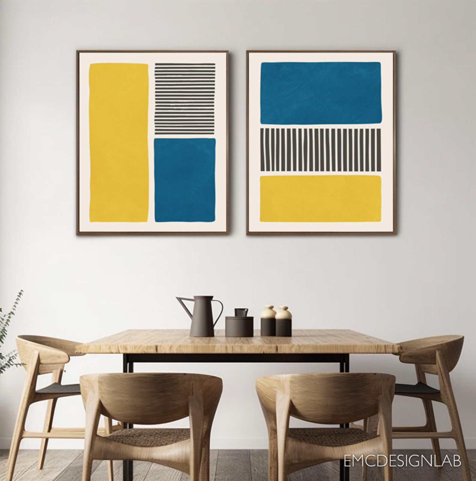 Yellow & Blue Abstract Bold Wall Art Print Set of 2 Prints Black Lines ...