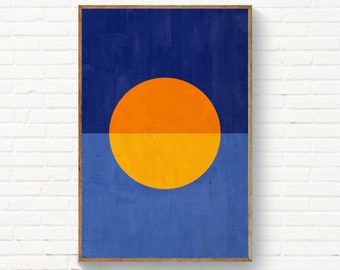 Geometric Minimalist Sun Yellow Orange Blue, Abstract Sunrise Landscape, Sunset Landscape Wall Art, Geometric Abstract Sunset