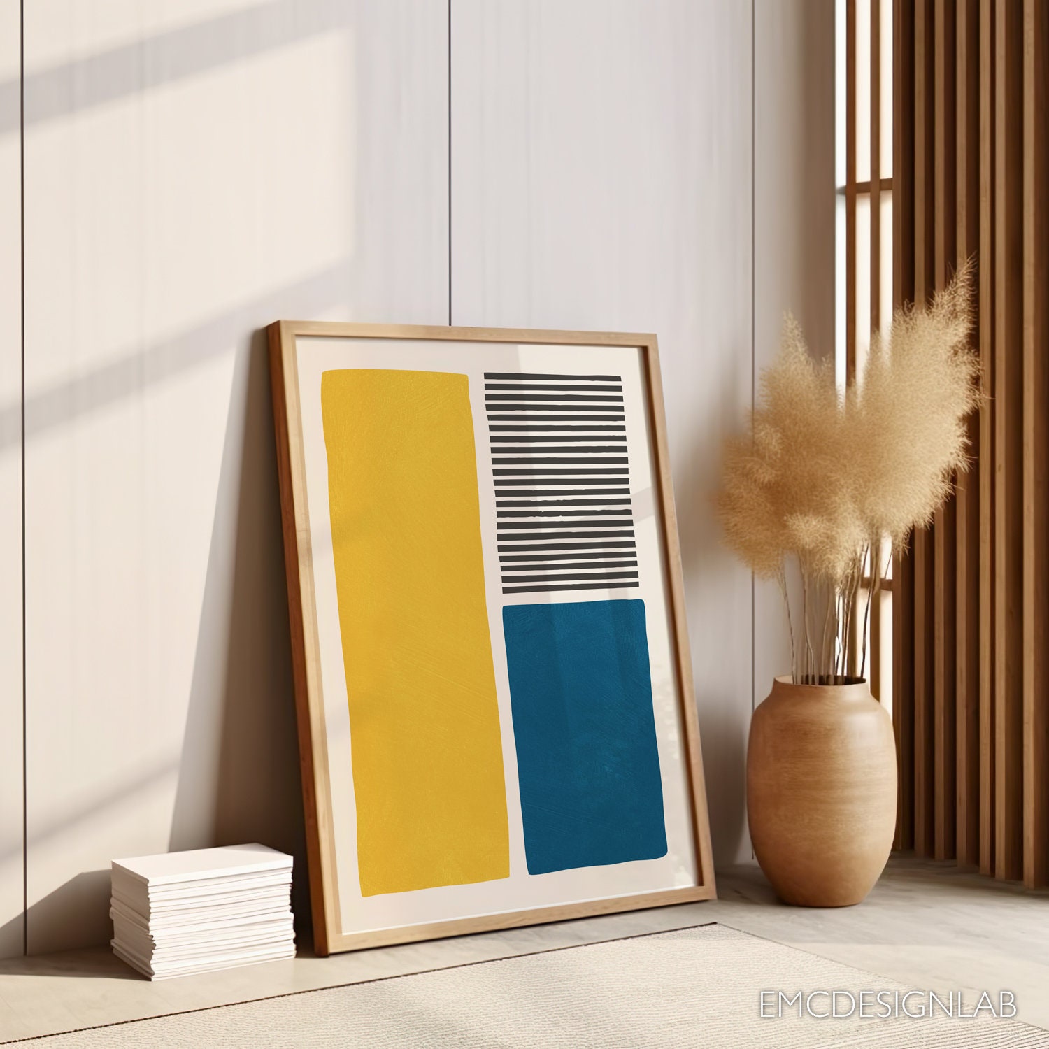 Blue Yellow Minimalist Modern Artwork Black Bold Lines Canvas Wall Art ...