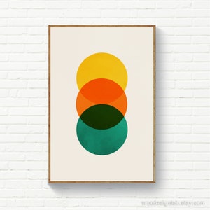 Mid Century Modern Circle Art Skandinavischer Kreis Kunst, Gelb Orange Türkis Wandkunst, Moderne digitale Kunst MCM Prints