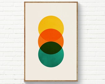 Teal Orange Gelb Wandkunst, Moderne Kreise Wandkunst, Mid-Century Wandkunst, Bunte Kreise