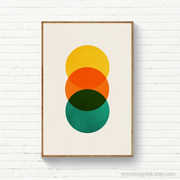 Mid Century Modern Circle Art Scandinavian Circle Art, Yellow Orange Teal Wall Art, Modern Digital Art MCM Prints