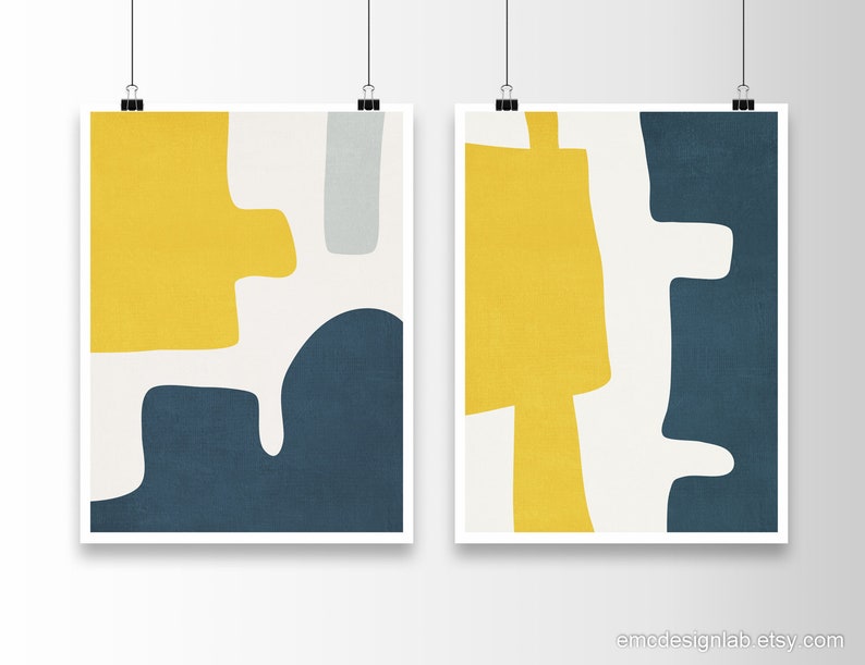 Blue & Yellow Abstract Modern Art Set of 2 Prints Simple - Etsy