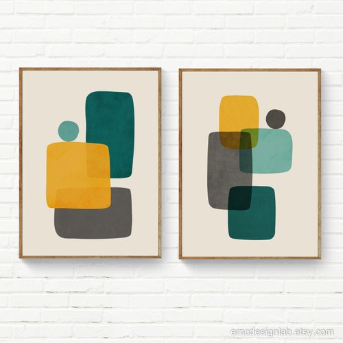 Set of 2 Teal Mustard Gray Wall Art Original Organic Shapes Etsy