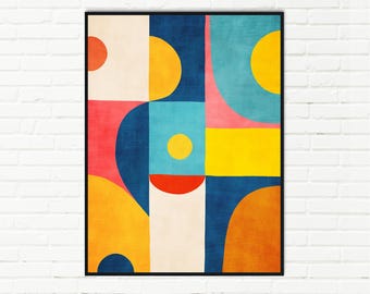 May include: Abstract geometric art print in a black frame. The artwork features a colorful design with shapes in shades of blue, yellow, orange, pink, and cream. The print is mounted on a white brick wall. The text "EMCDESIGNLAB" is in the bottom right corner.