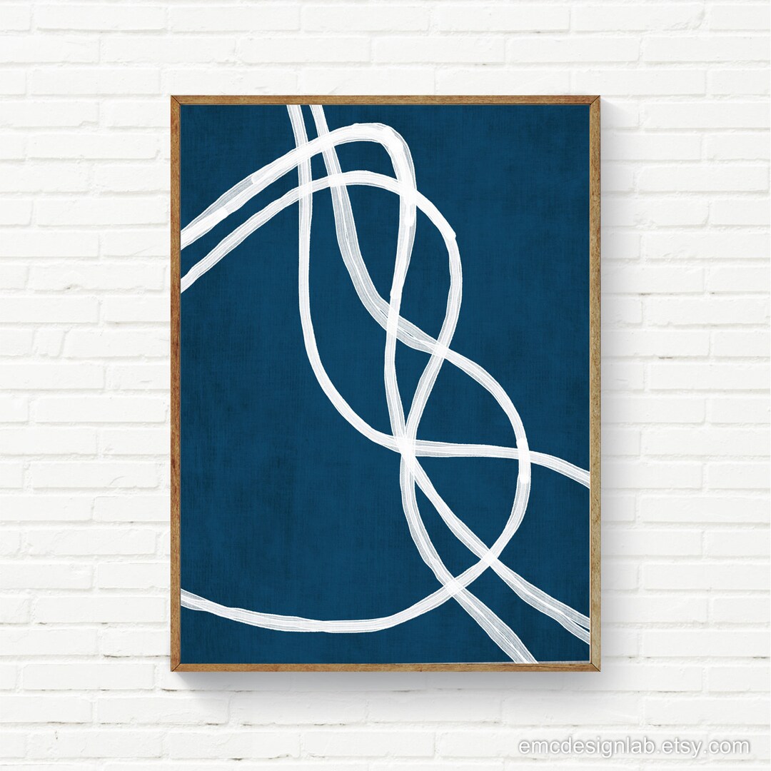 Navy White Wall Art White Line Art Navy Blue Background Wall Etsy