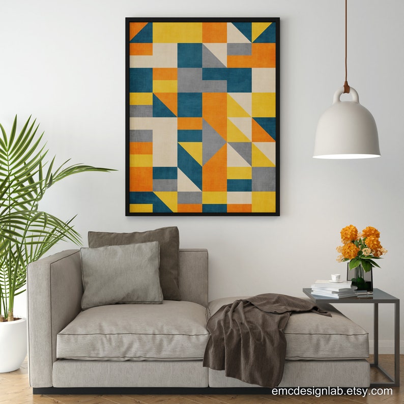 Abstract Geometric Modern Wall Art Print Orange Navy Yellow - Etsy