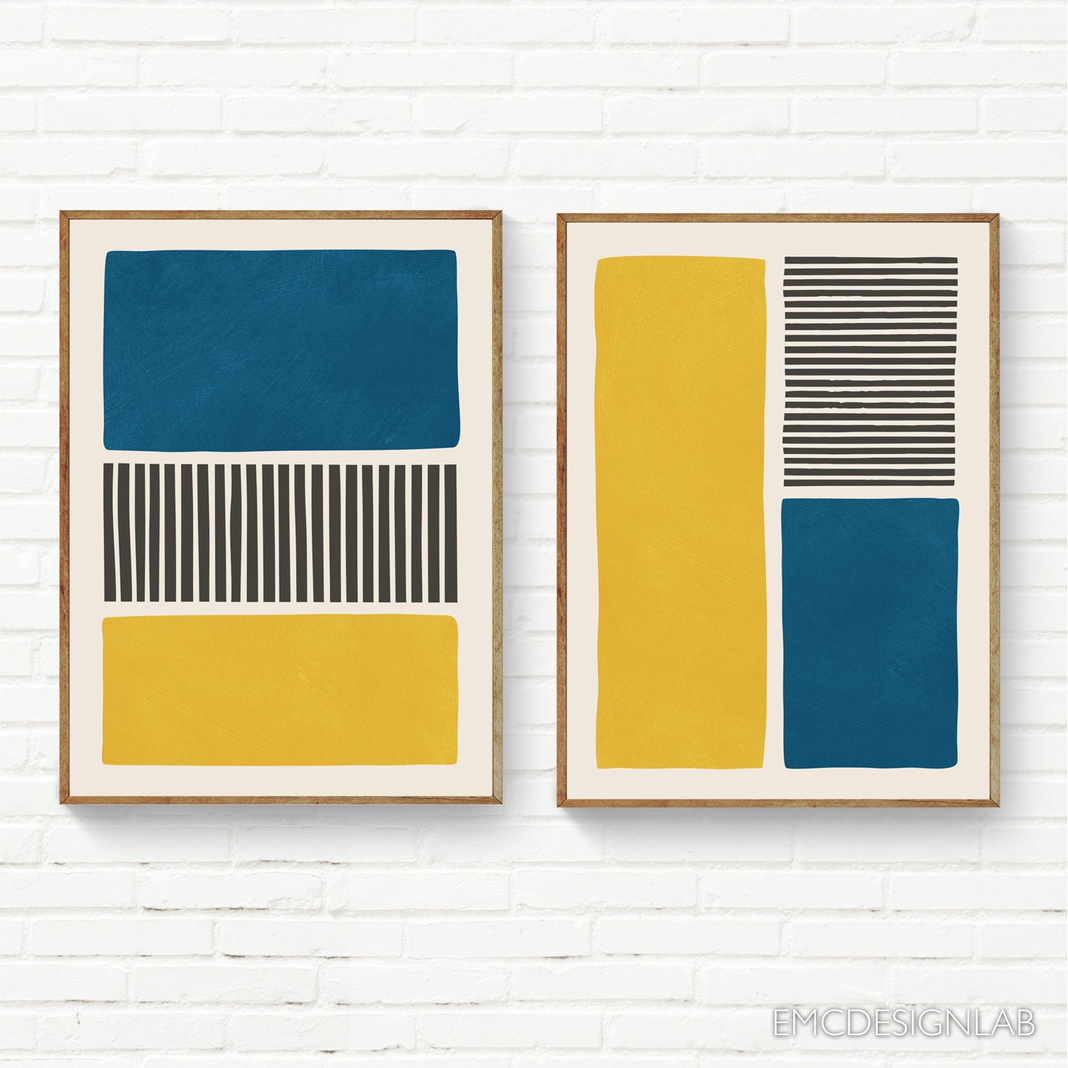 Yellow & Blue Abstract Bold Wall Art Print Set of 2 Prints Black Lines ...