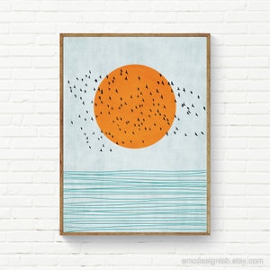 Flock over Sea Minimalist Print Orange Sun & Sea Minimalist Canavs Art, Abstract Landscape Wall Art, Marine Prints