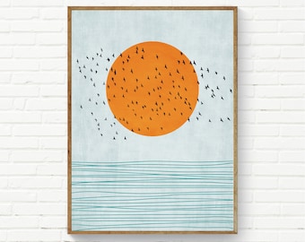 Flock over Sea Minimalist Print Orange Sun & Sea Minimalist Canavs Art, Abstract Landscape Wall Art, Marine Prints