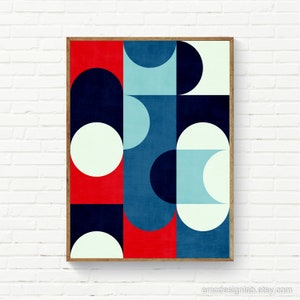 Geometric Modern Abstract Print Bauhaus Style Wall Art Red Navy Blue Baby Blue White Wall Art