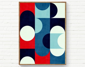 Geometric Modern Abstract Print Bauhaus Style Wall Art Red Navy Blue Baby Blue White Wall Art