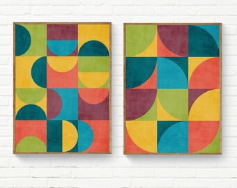 Geometric Colorful Art Prints Set of 2 Mid-Century Modern Colors