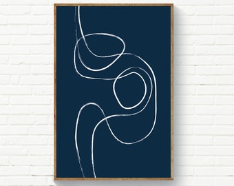 Marineblaue minimalistische Linie Kunst-Wanddekor, minimalistische Linie Kunstdruck, dunkelblaue und weiße Linie Kunst, Schlafzimmerdrucke