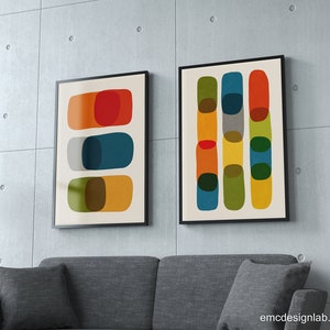 Set of 2 Abstract Modern Colorful Wall Art, Orange Red Gray Blue Yellow ...