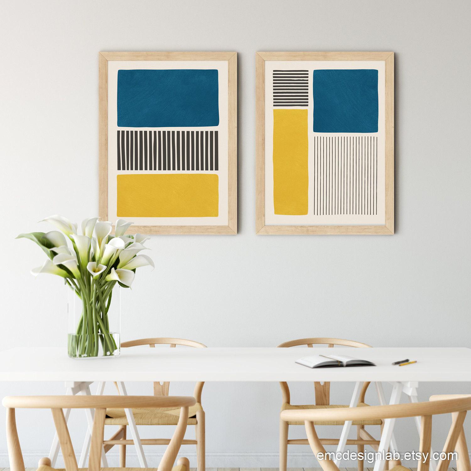 Yellow & Blue Set of 2 Prints, Original Color Block Bold Black Lines ...