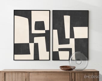 Abstracte zwart-witte wanddecoratie, neutrale monochrome set van 2, minimalistische geometrische canvasprint