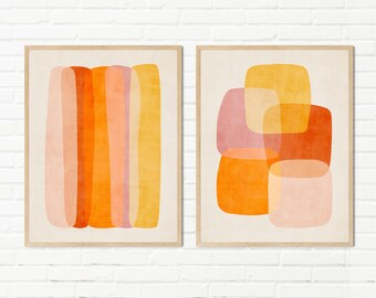 Bright Colors Abstract Shapes Art Set: Yellow Orange Pink Vibrant Modern Wall Art