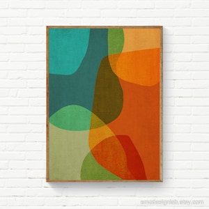 Mid-Century Wall Art, Burnt Orange Teal Abstract Organic Shapes Print, Digital Painitng Colorful Art, Modern Art Decor