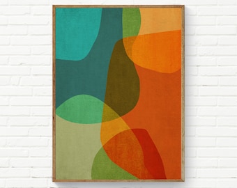 Mid-Century Wall Art, Burnt Orange Teal Abstract Organic Shapes Print, Digital Painitng Colorful Art, Modern Art Decor