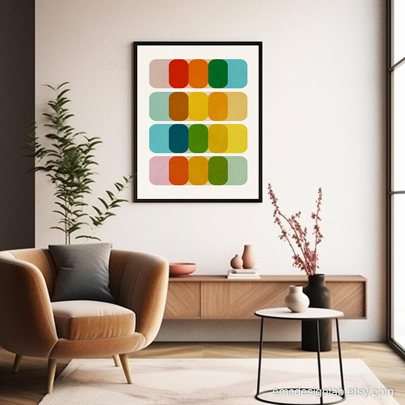 Arte mural colorido de estilo moderno de mediados de siglo, diseño gráfico, impresión de gran tamaño, láminas artísticas coloridas de 24x36 pulgadas. imagen 7