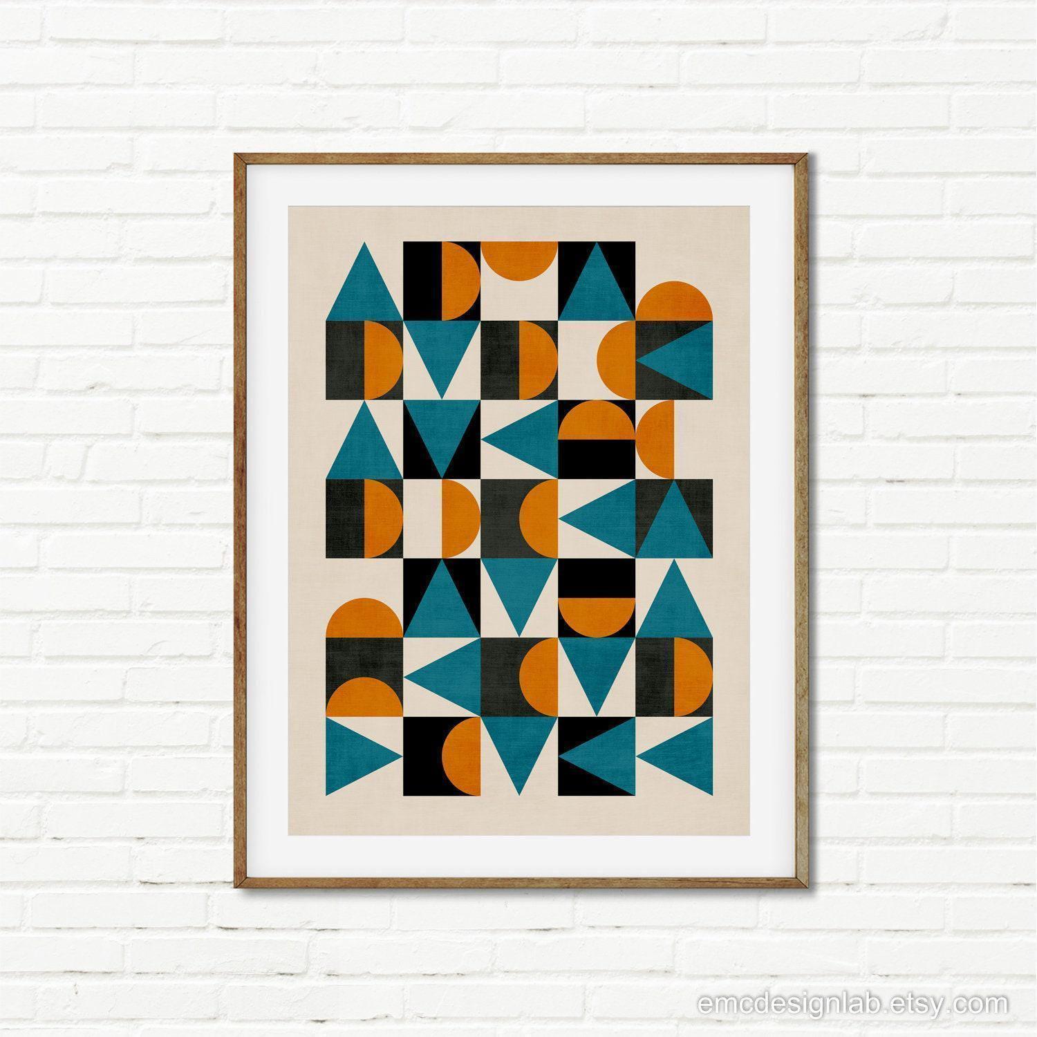 Mid-century Geometric Print Teal Orange Black: Checkered MCM Wall