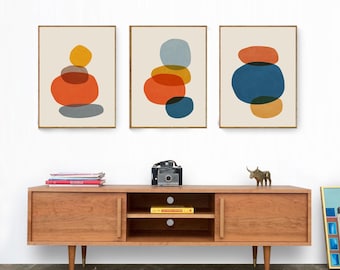 Conjunto de 3 artes de parede abstratas originais de meados do século, arte de parede moderna com estampa escandinava colorida