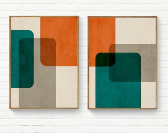 Blaugrün Orange Geometrische Abstrakte Art Print 2er Set Beige Grün Gebrannte Orange Leinwand Kunstwerke