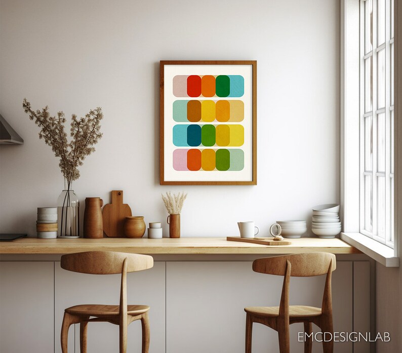 Abstract Mid Century Print Minimalist Modern Wall Art Abstract Geometric Artwork, Blue Red Orange Yellow Print image 5