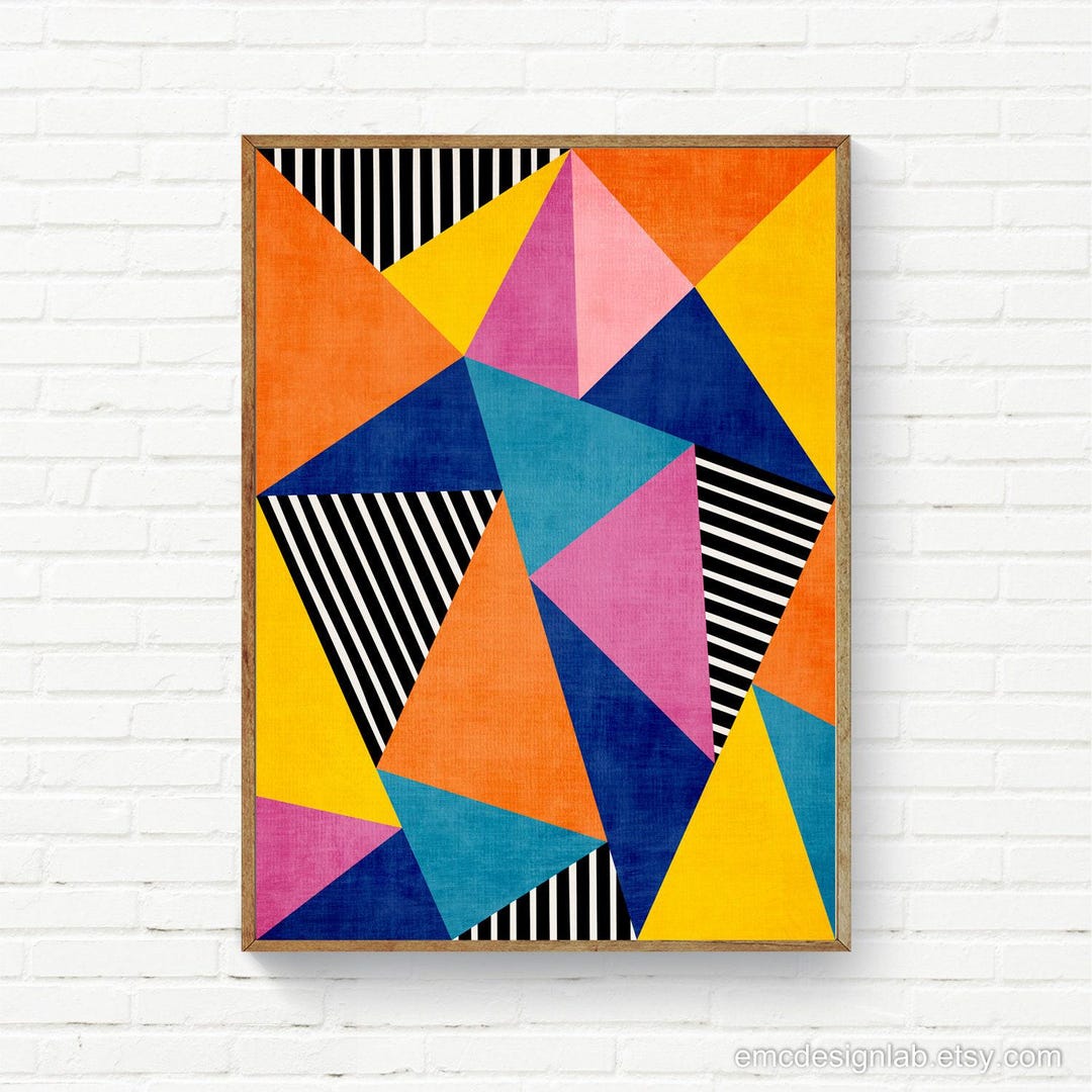 Colorful Geometric Modern Art Print, Bright Colors Triangles Black