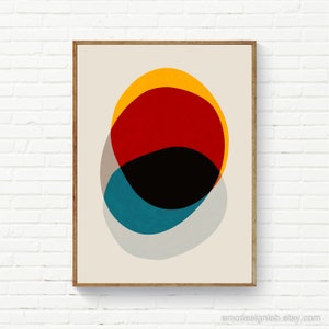 Original Bold Wall Art in Red Yellow Black Blue Light Gray, Abstract Rounded Shapes, Mid-Century Prints, Modern Large Posters