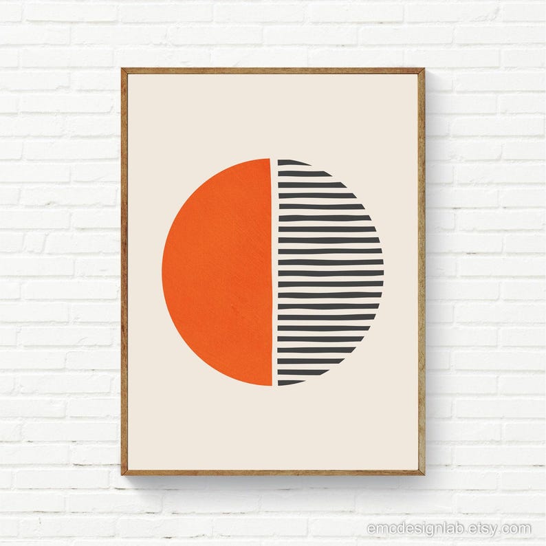 Bright Orange Dark Gray Wall Art, Bold Print Simple Shapes, Vibrant Print, Minimalist Pop Orange Black Wall Decor, Orange SemiCircle Art image 1
