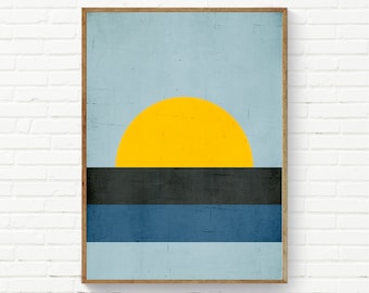 Abstract Minimalist Landscape Poster, Geometric Minimalist Wall Art, Yellow Sun Print, Sun Sea, Bright Yellow Gray Blue Prints