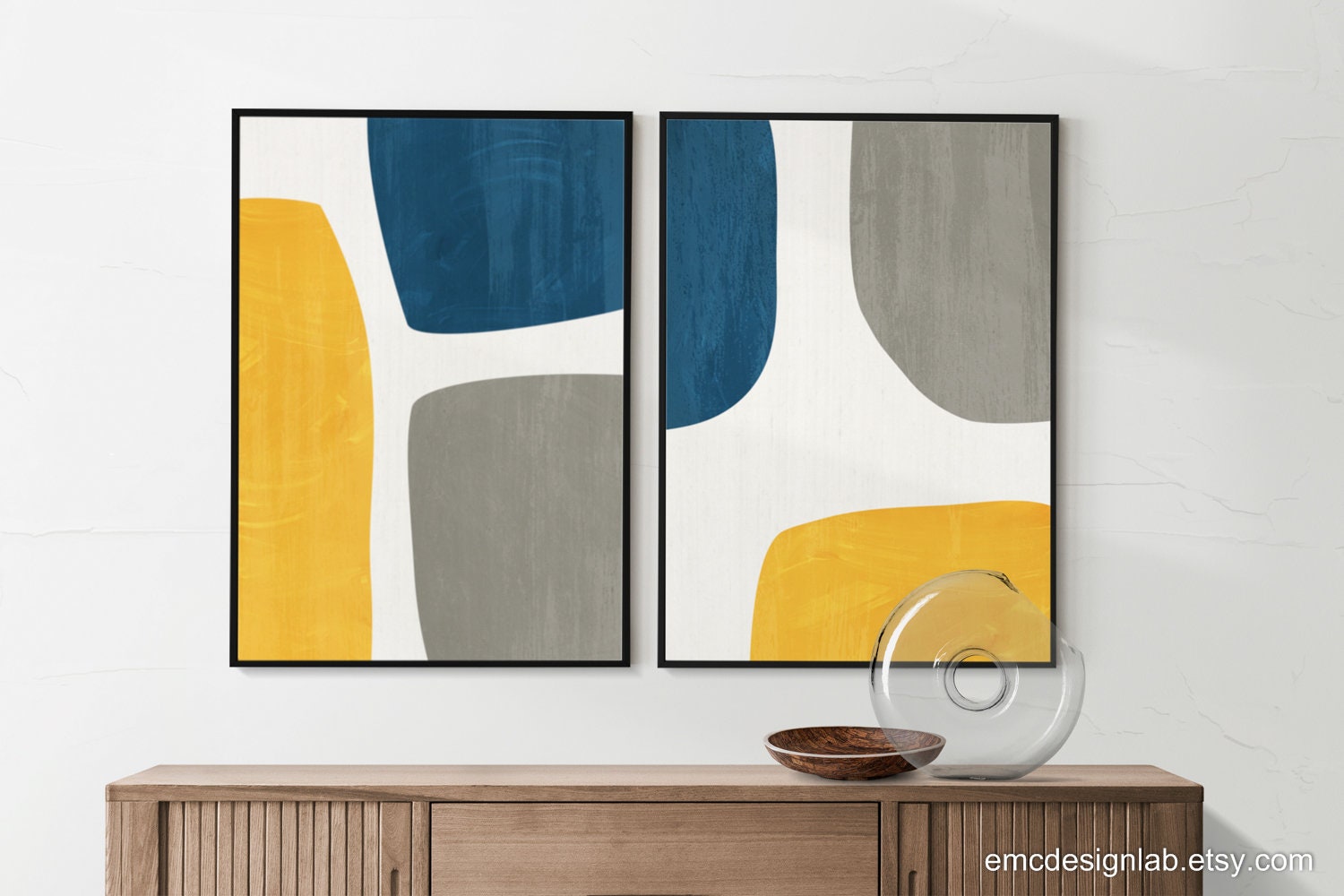 Yellow & Blue Abstract Wall Art Set 2 Prints / Gray Navy Mustard ...