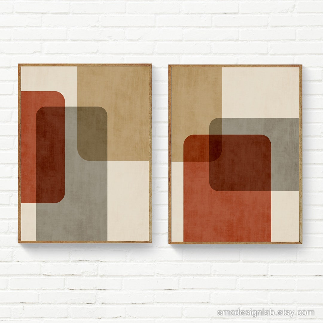 Set of 2 Rust & Beige Minimalist Print Set, Geometric Modern Abstract ...