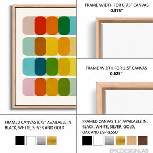 The image is a collage of four photos, each depicting a framed canvas in different colors and frame widths. The collage includes a framed canvas with a black, white, silver, gold, oak, and espresso color palette, a framed canvas with a black, white, silver, gold, oak, and espresso color palette, a framed canvas with a black, white, silver, gold, oak, and espresso color palette, and a framed canvas with a black, white, silver, gold, oak, and espresso color palette.