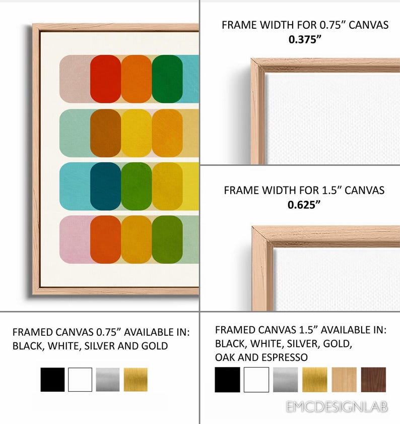 The image is a collage of four photos, each depicting a framed canvas in different colors and frame widths. The collage includes a framed canvas with a black, white, silver, gold, oak, and espresso color palette, a framed canvas with a black, white, silver, gold, oak, and espresso color palette, a framed canvas with a black, white, silver, gold, oak, and espresso color palette, and a framed canvas with a black, white, silver, gold, oak, and espresso color palette.