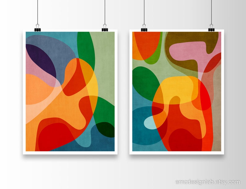 Set of 2 Colorful Modern Art, Set of 2 Mid-Century Abstract Prints, Vibrant Color Wall Art, Mid-Century Modern Prints, Bold Design image 2