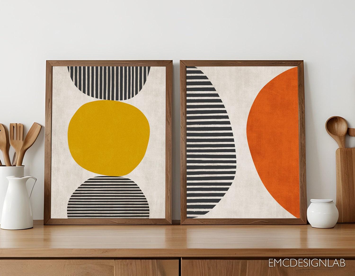 Set of 2 Orange Yellow Black Bold Wall Art, Black White Lines Print ...