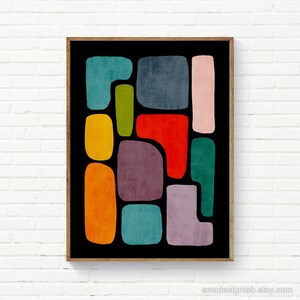 May include: Abstract art print with a black background and colorful geometric shapes in shades of red, orange, yellow, green, blue, purple, and pink.