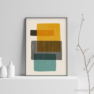 Abstract Teal Gray Yellow Wall Art, Mustard Light Teal Black Stripes ...