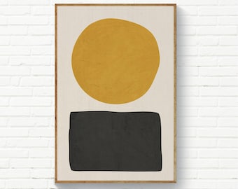 Stampa minimalista astratta color giallo senape e nero, forme organiche, poster in stile Mid-Century Modern, pittura contemporanea da parete.