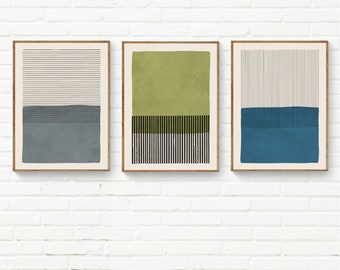3er Set Moderne Wand Kunst Drucke, 3er Set Minimalistische Drucke in Grün Grau Blau, Gewagter Minimalismus Druck Set, Klassische Wand Kunst Wohnzimmer