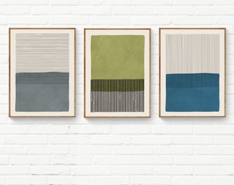 Set of 3 Modern Wall Art Prints, Set of 3 Minimalist Prints in Green Gray Blue, Bold Minimalism Print Set, Classy Wall Art Living Room