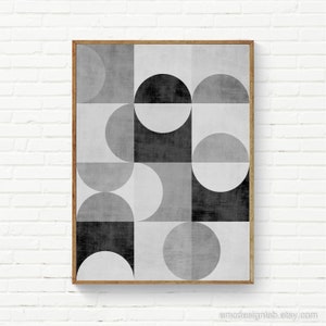 Geometric Wall Art, Circles Prints, Black White Gray Wall Decor, Scandi Art Prints, Living Room Abstract Art, Trendy Retro Posters