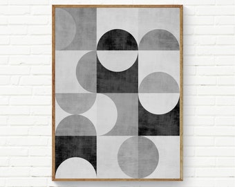 Geometric Wall Art, Circles Prints, Black White Gray Wall Decor, Scandi Art Prints, Living Room Abstract Art, Trendy Retro Posters