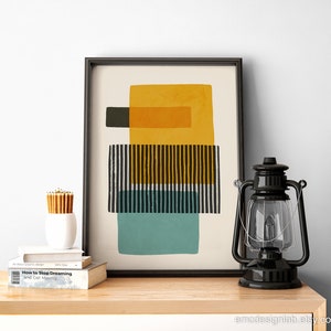 Abstract Teal Gray Yellow Wall Art, Mustard Light Teal Black Stripes ...