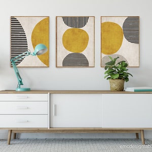 Senapsgula cirkelsvarta djärva linjer konstverk modern konsttryck rik textur vardagsrumsväggkonst, djärva minimalistiska konsttryck bild 10